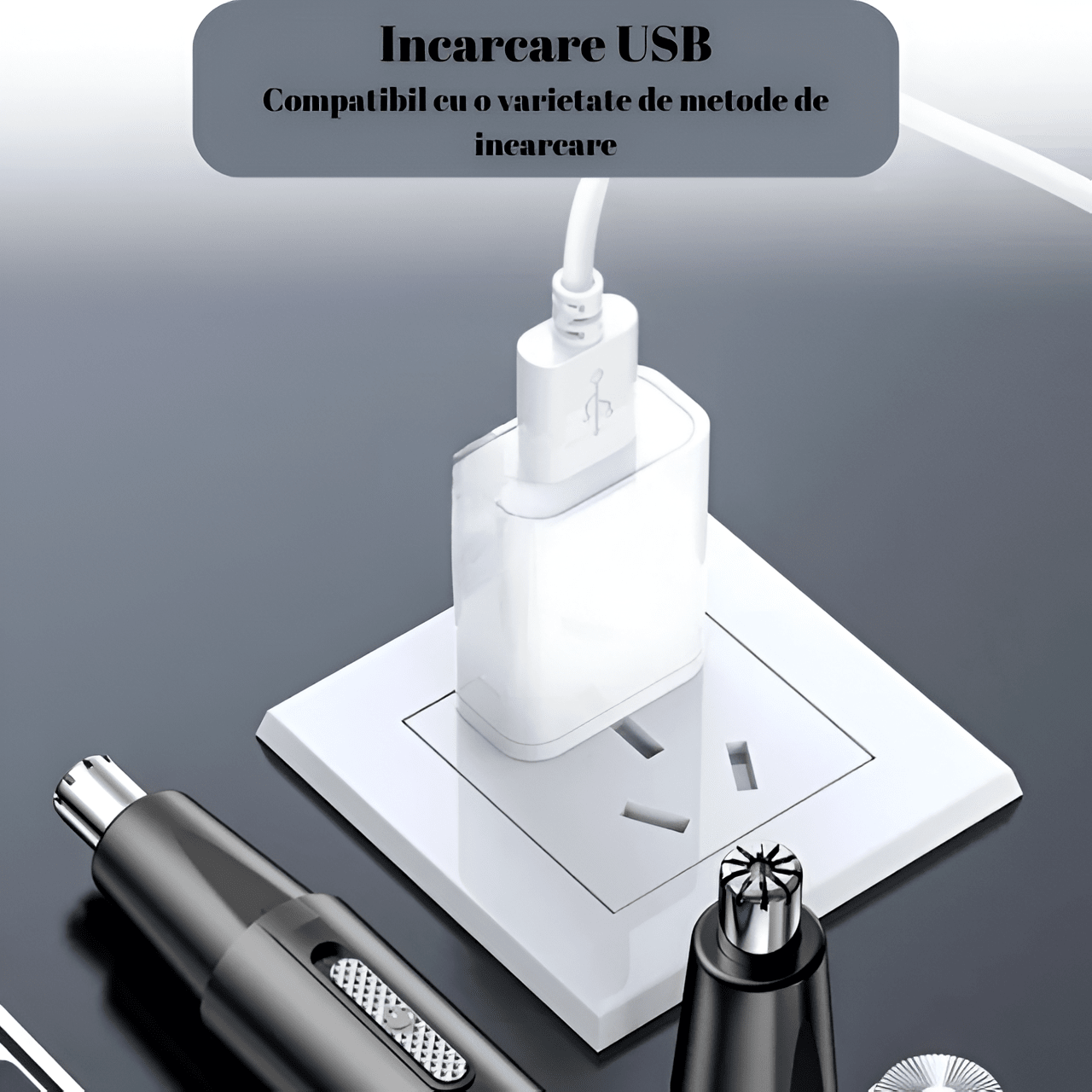 Aparat Tuns Par Nas si Urechi HASEPE, Trimmer Facial Electric USB, Lame Inox, Motor 6000 RPM, Cap Rotativ, Design Compact 15x1cm, Curatare Usoara, Negru - HASEPE