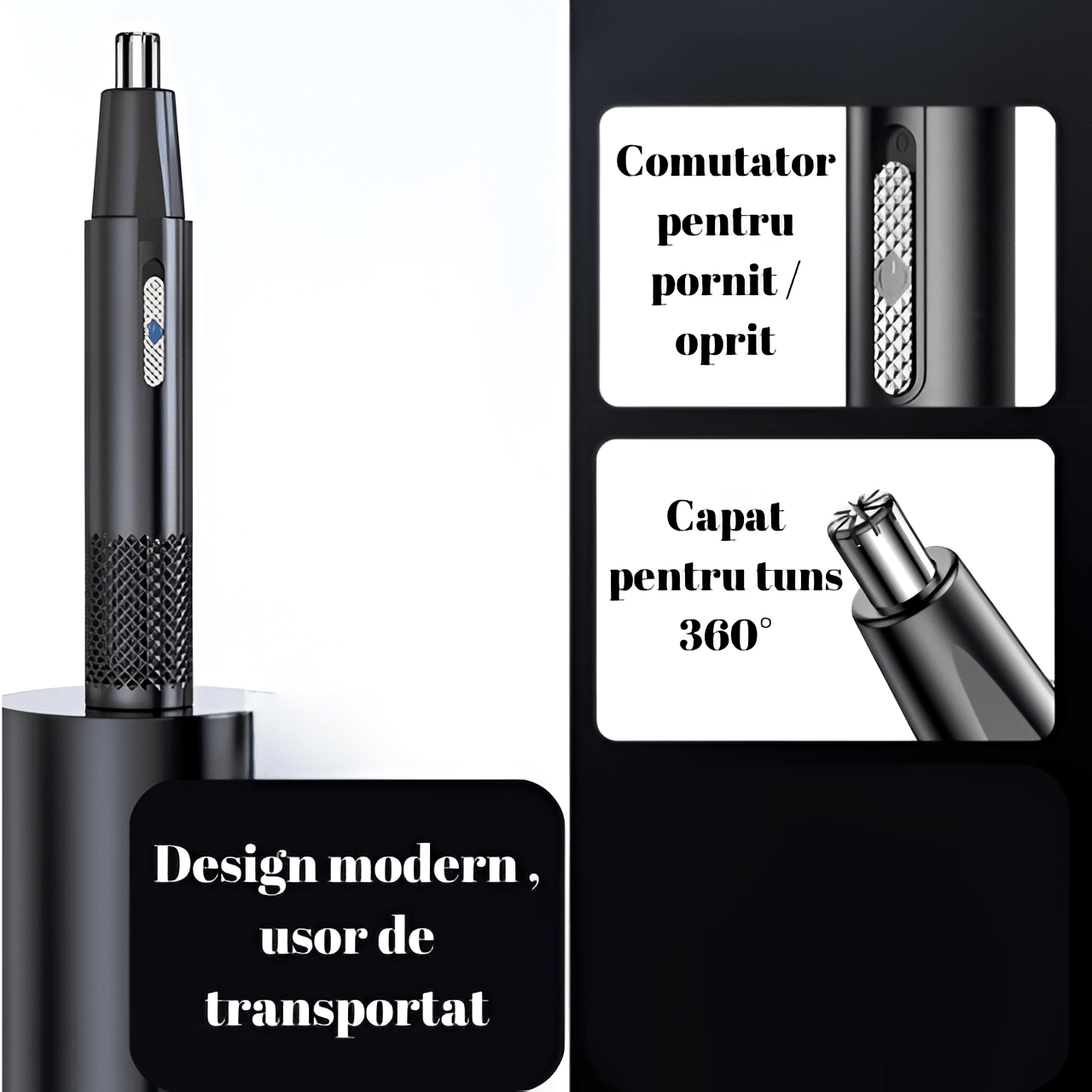 Aparat Tuns Par Nas si Urechi HASEPE, Trimmer Facial Electric USB, Lame Inox, Motor 6000 RPM, Cap Rotativ, Design Compact 15x1cm, Curatare Usoara, Negru - HASEPE