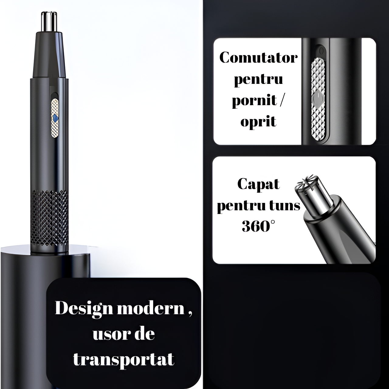 Aparat Tuns Par Nas si Urechi HASEPE, Trimmer Facial Electric USB, Lame Inox, Motor 6000 RPM, Cap Rotativ, Design Compact 15x1cm, Curatare Usoara, Negru