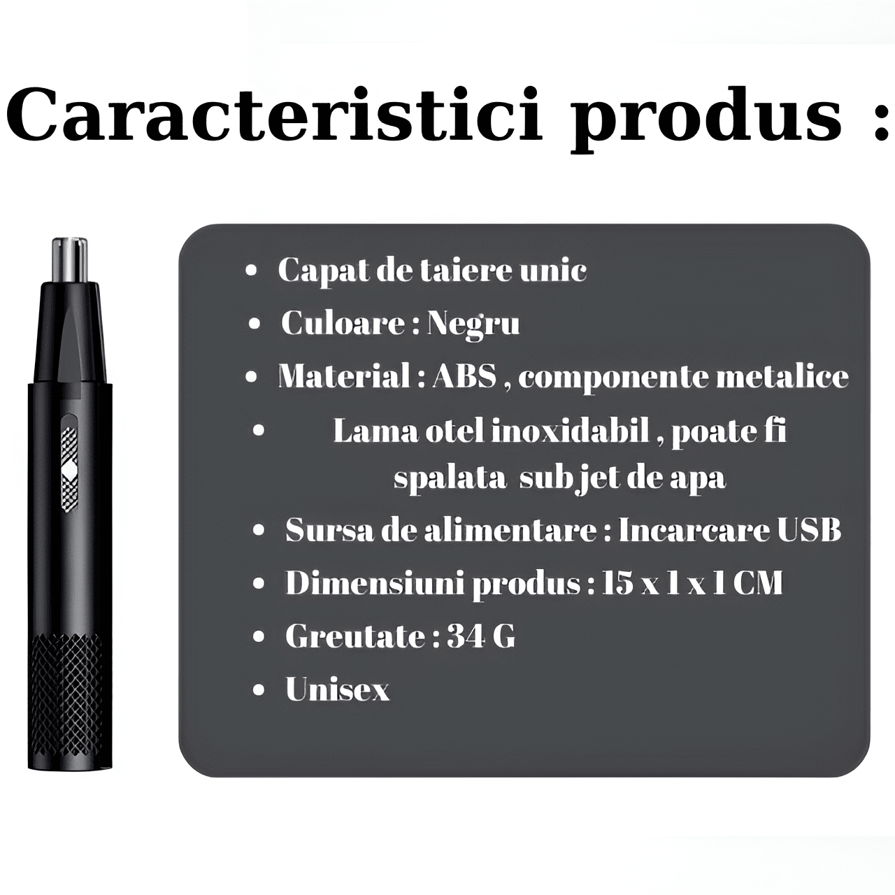Aparat Tuns Par Nas si Urechi HASEPE, Trimmer Facial Electric USB, Lame Inox, Motor 6000 RPM, Cap Rotativ, Design Compact 15x1cm, Curatare Usoara, Negru - HASEPE