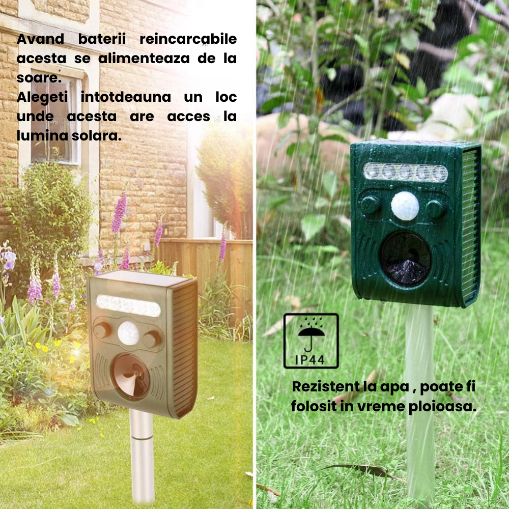 Aparat ultrasunete impotriva animalelor salbatice HASEPE, Anti rozatoare, Anti caini, Cerbi, Pisici, Acumulator reincarcabil solar/USB, 5 moduri lucru, Reglaj intensitate, 5 led-uri stroboscopice, Sen