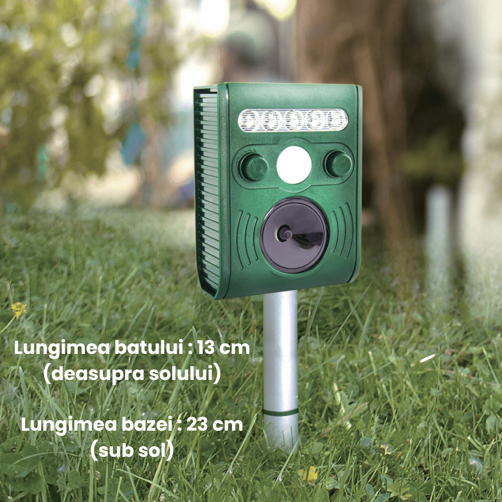Aparat ultrasunete impotriva animalelor salbatice HASEPE, Anti rozatoare, Anti caini, Cerbi, Pisici, Acumulator reincarcabil solar/USB, 5 moduri lucru, Reglaj intensitate, 5 led - uri stroboscopice, Sen - HASEPE