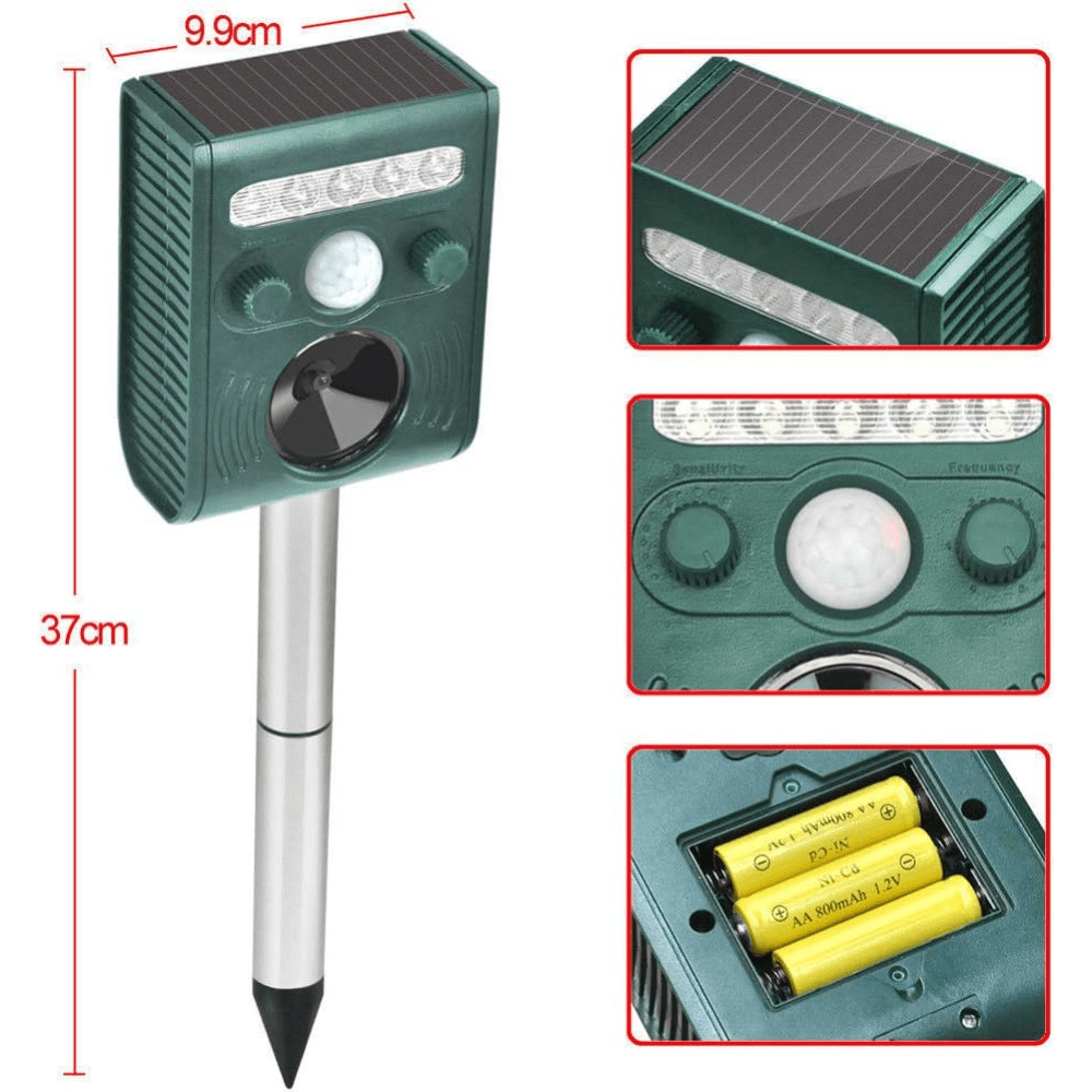 Aparat ultrasunete impotriva animalelor salbatice HASEPE, Anti rozatoare, Anti caini, Cerbi, Pisici, Acumulator reincarcabil solar/USB, 5 moduri lucru, Reglaj intensitate, 5 led - uri stroboscopice, Sen - HASEPE