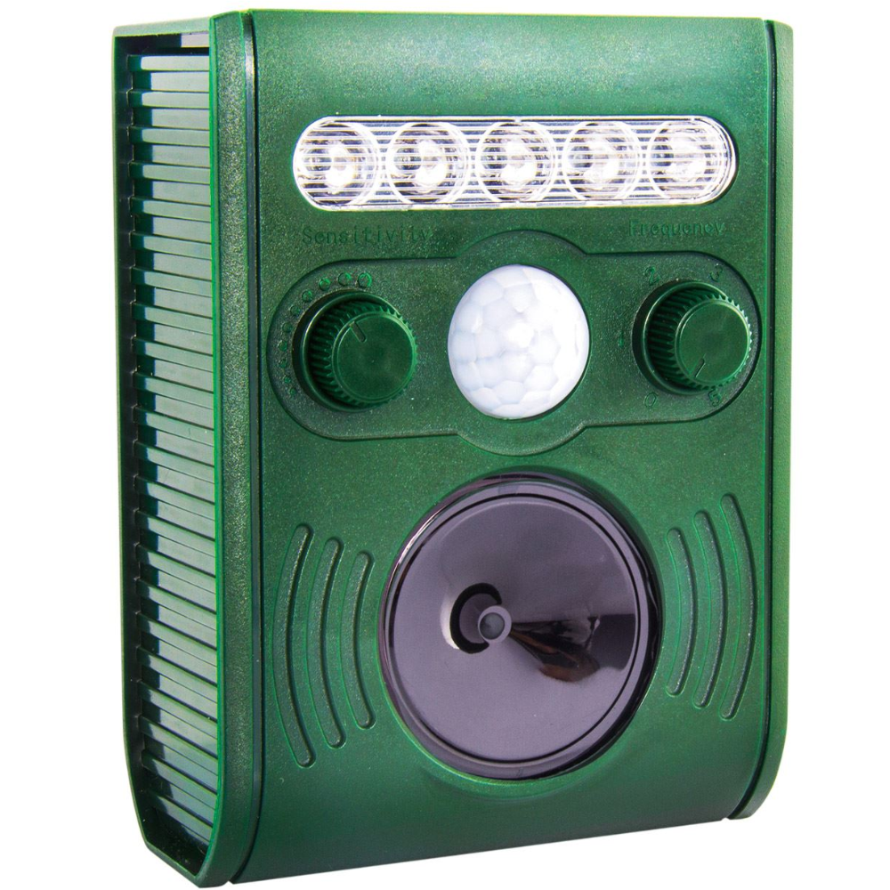 Aparat ultrasunete impotriva animalelor salbatice HASEPE, Anti rozatoare, Anti caini, Cerbi, Pisici, Acumulator reincarcabil solar/USB, 5 moduri lucru, Reglaj intensitate, 5 led-uri stroboscopice, Sen