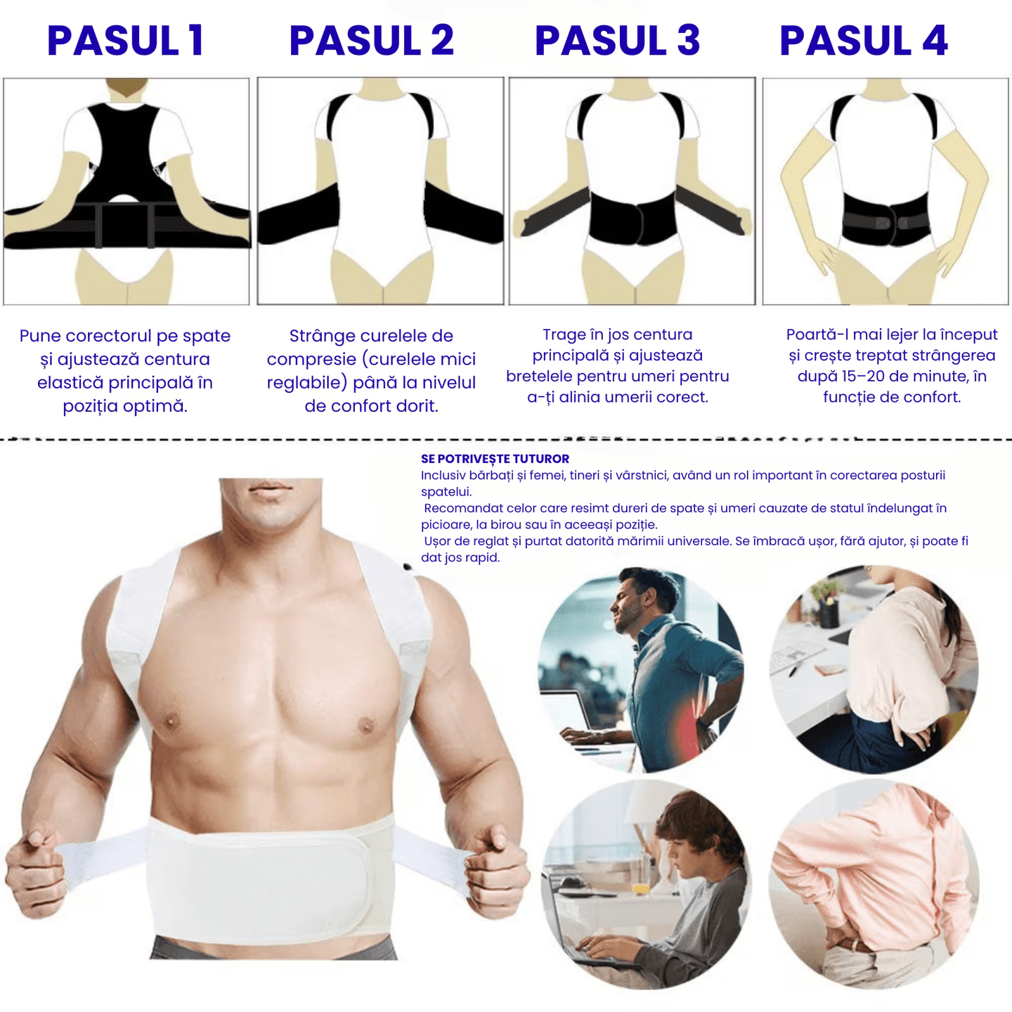Corector postura HASEPE, centura REGLABILA pentru spate si corectie postura, sustine CIFoZA, LORDOZA, SCOLIOZA si HERNIE de DISC, ajuta la aliniere COLOANA si UMERI, centura LOMBARA ortopedica UNISEX - HASEPE