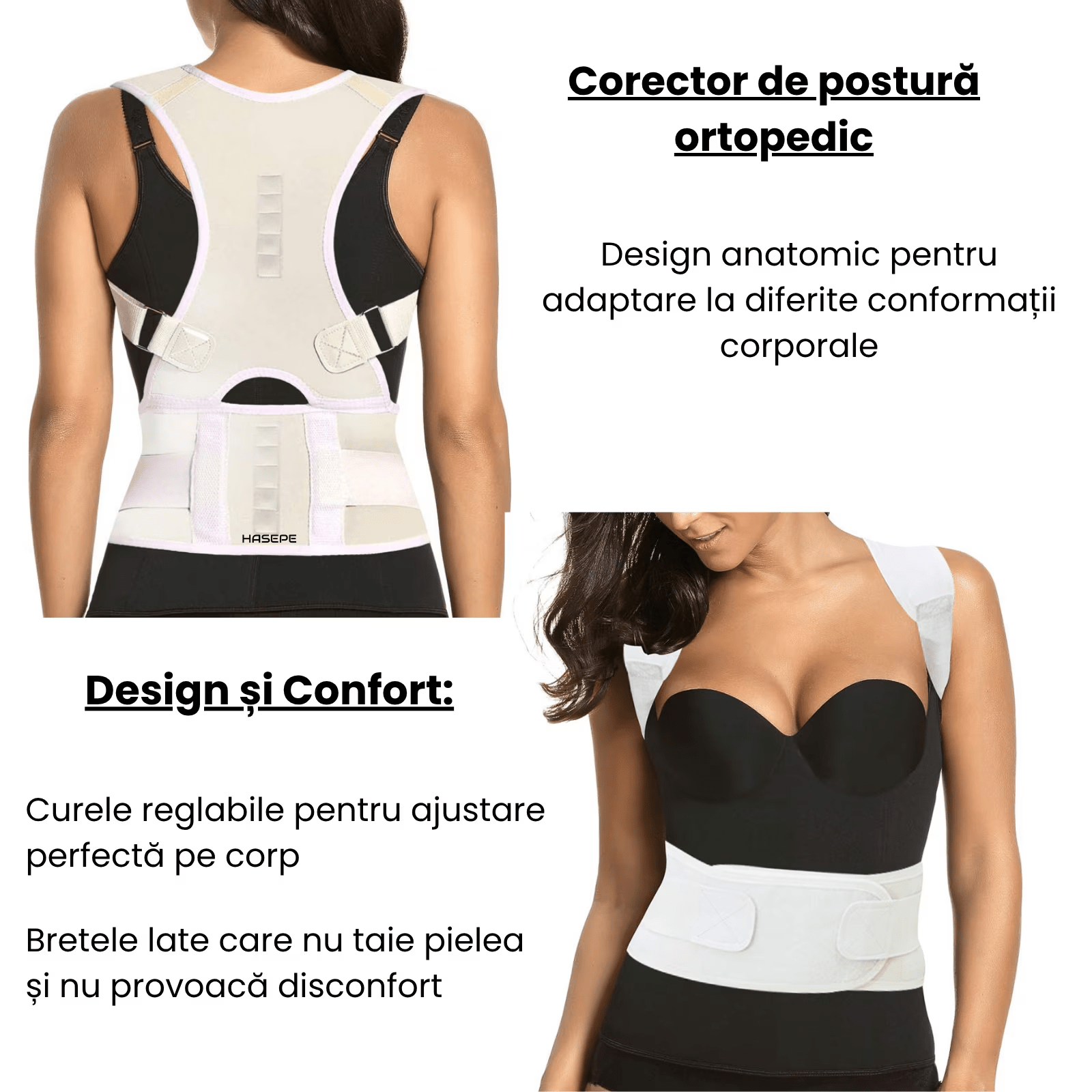 Corector postura HASEPE, centura REGLABILA pentru spate si corectie postura, sustine CIFoZA, LORDOZA, SCOLIOZA si HERNIE de DISC, ajuta la aliniere COLOANA si UMERI, centura LOMBARA ortopedica UNISEX - HASEPE