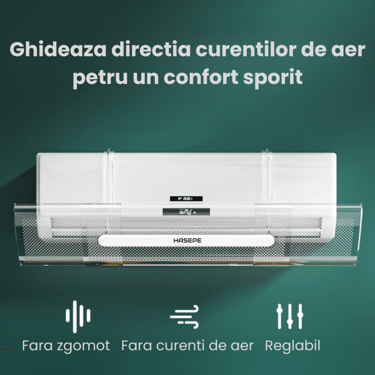 Deflector Aer Conditionat HASEPE, Reglabil 53–95 cm, Transparent, Protectie impotriva Curentului de Aer, Montaj Fara Gaurire, Universal - HASEPE