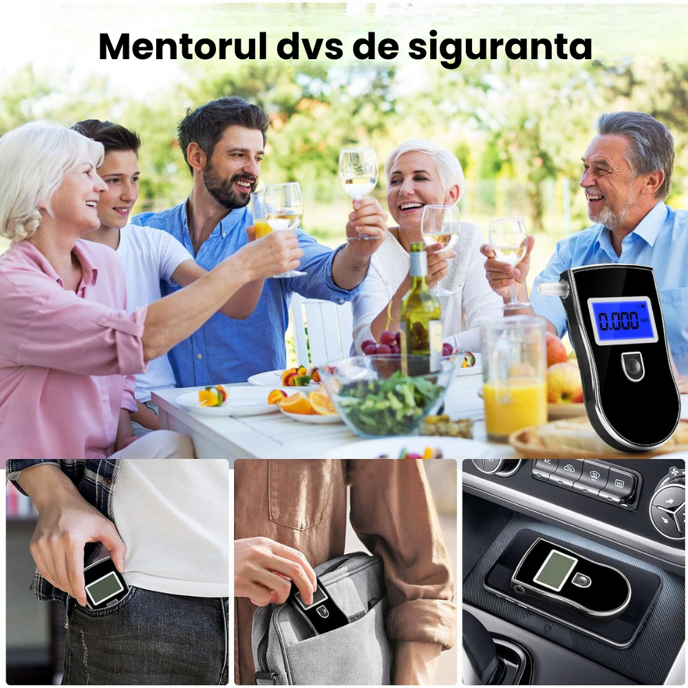 Etilotest Digital HASEPE, Afisaj LCD, Calibrare Automata, Alcoolmetru cu Analiza Rapida, Avertizare Sonora, 5 Mustiucuri Incluse, Portabil, Negru - HASEPE