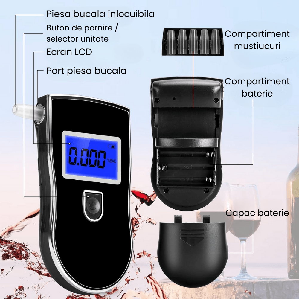 Etilotest Digital HASEPE, Afisaj LCD, Calibrare Automata, Alcoolmetru cu Analiza Rapida, Avertizare Sonora, 5 Mustiucuri Incluse, Portabil, Negru - HASEPE
