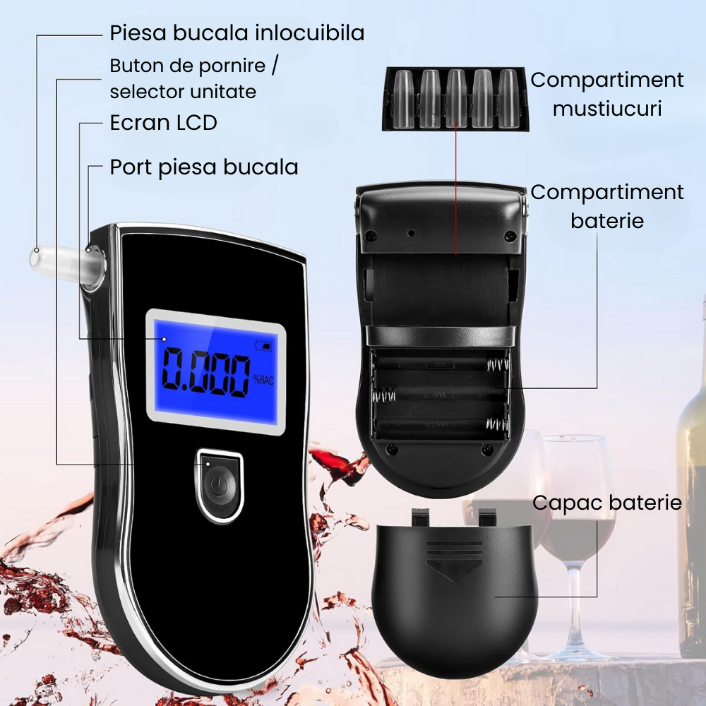 Etilotest Digital HASEPE, Afisaj LCD, Calibrare Automata, Alcoolmetru cu Analiza Rapida, Avertizare Sonora, 5 Mustiucuri Incluse, Portabil, Negru