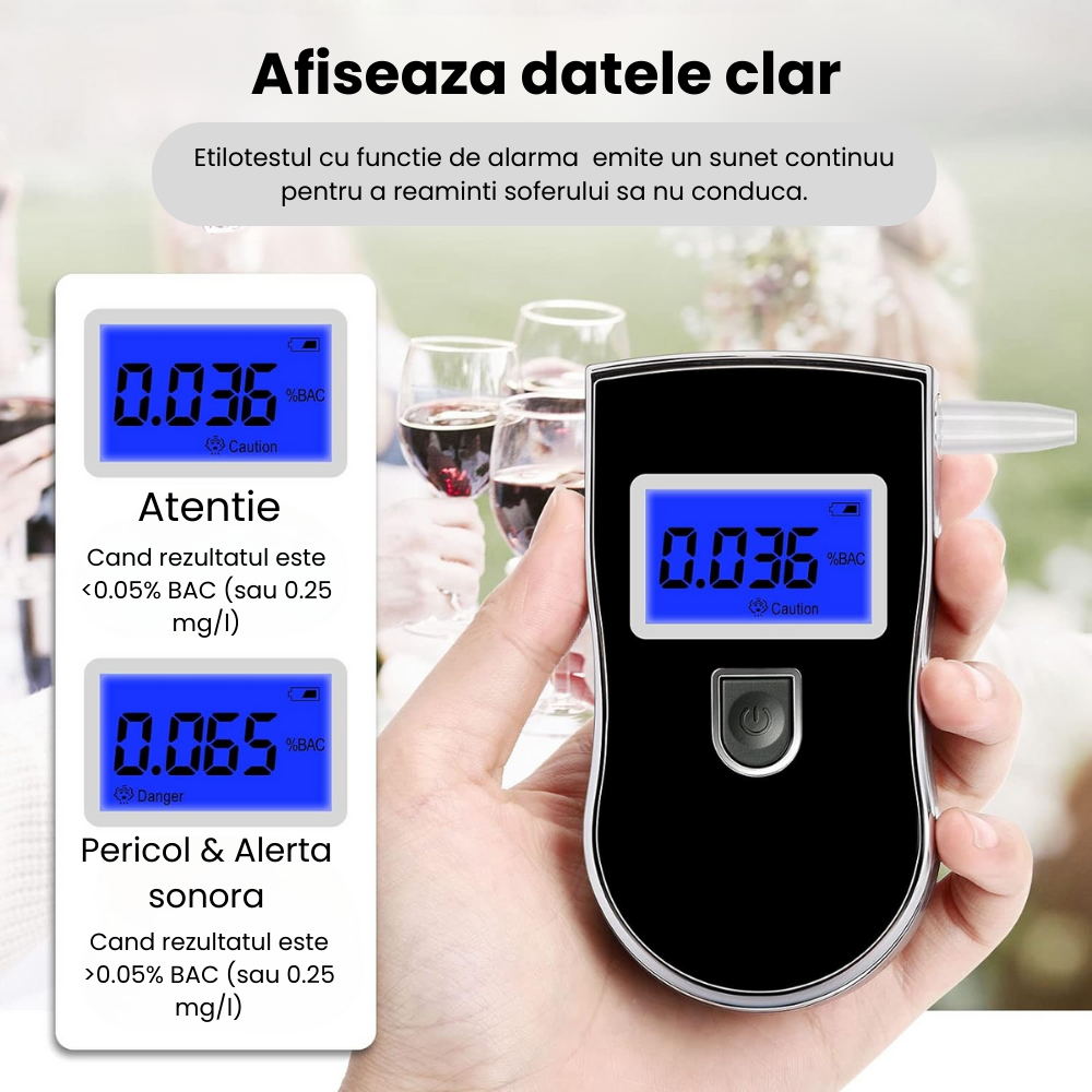 Etilotest Digital HASEPE, Afisaj LCD, Calibrare Automata, Alcoolmetru cu Analiza Rapida, Avertizare Sonora, 5 Mustiucuri Incluse, Portabil, Negru