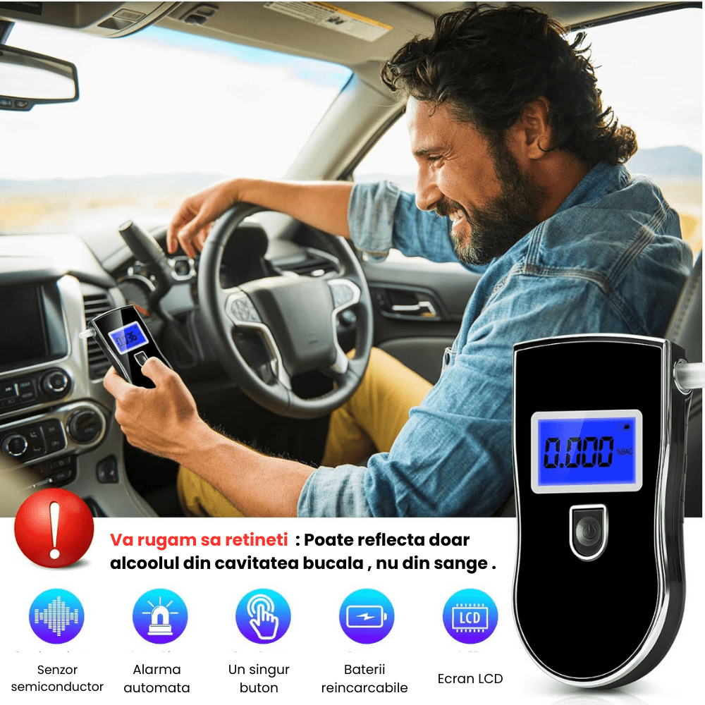 Etilotest Digital HASEPE, Afisaj LCD, Calibrare Automata, Alcoolmetru cu Analiza Rapida, Avertizare Sonora, 5 Mustiucuri Incluse, Portabil, Negru - HASEPE