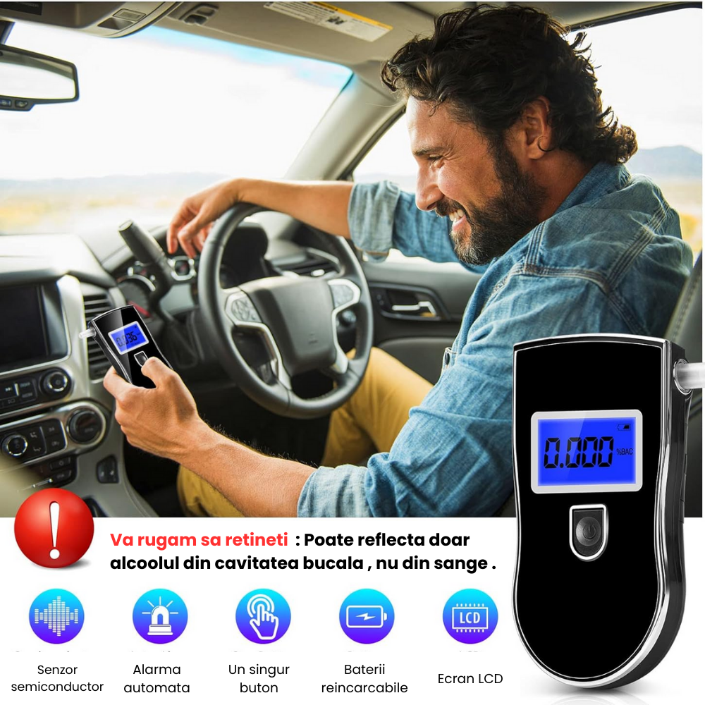 Etilotest Digital HASEPE, Afisaj LCD, Calibrare Automata, Alcoolmetru cu Analiza Rapida, Avertizare Sonora, 5 Mustiucuri Incluse, Portabil, Negru