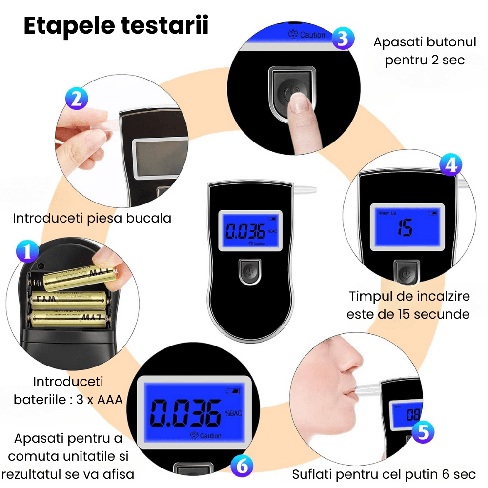 Etilotest Digital HASEPE, Afisaj LCD, Calibrare Automata, Alcoolmetru cu Analiza Rapida, Avertizare Sonora, 5 Mustiucuri Incluse, Portabil, Negru - HASEPE