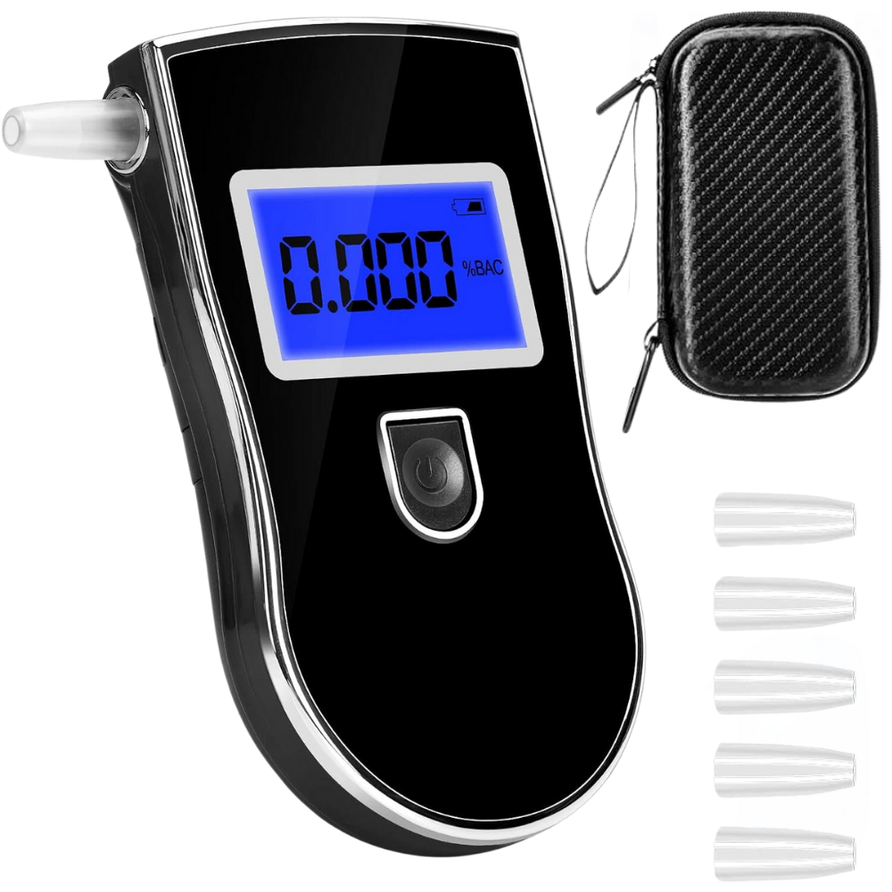 Etilotest Digital HASEPE, Afisaj LCD, Calibrare Automata, Alcoolmetru cu Analiza Rapida, Avertizare Sonora, 5 Mustiucuri Incluse, Portabil, Negru