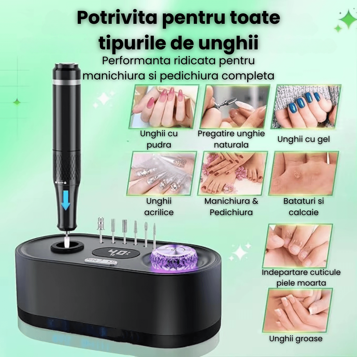 Freza Unghii HASEPE Profesionala 40000 RPM, Pila Electrica Reincarcabila Cu Suport, Freza Electrica Unghii Cu Rotatie Dubla, Capete Detasabile, LCD, Control Viteza, Manichiura Pedichiura, Freza Unghii - HASEPE
