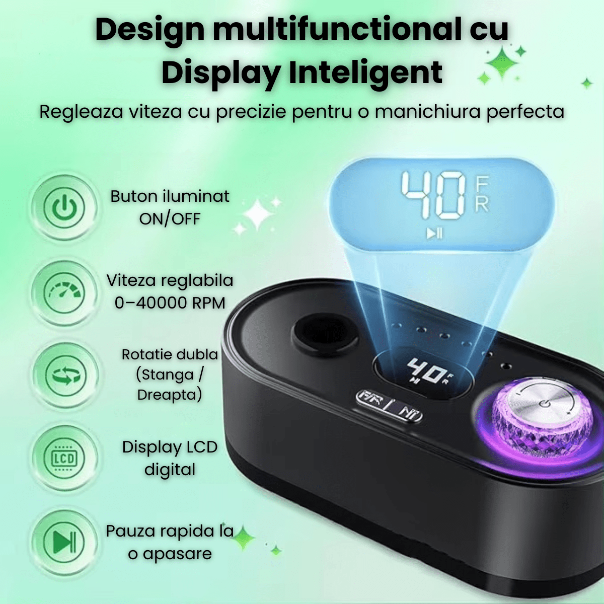 Freza Unghii HASEPE Profesionala 40000 RPM, Pila Electrica Reincarcabila Cu Suport, Freza Electrica Unghii Cu Rotatie Dubla, Capete Detasabile, LCD, Control Viteza, Manichiura Pedichiura, Freza Unghii - HASEPE