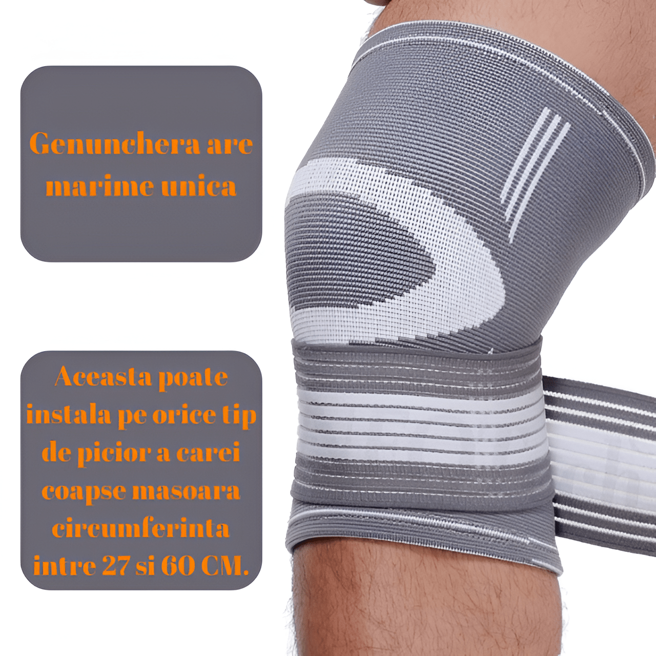 Genunchiera Ajustabila HASEPE, Banda Reglabila cu Stabilizator Medical, Compresie si Suport Genunchi, Material Respirabil, Marime Universala, Pentru Sport, Recuperare, Dureri si Leziuni, Gri/Alb - HASEPE