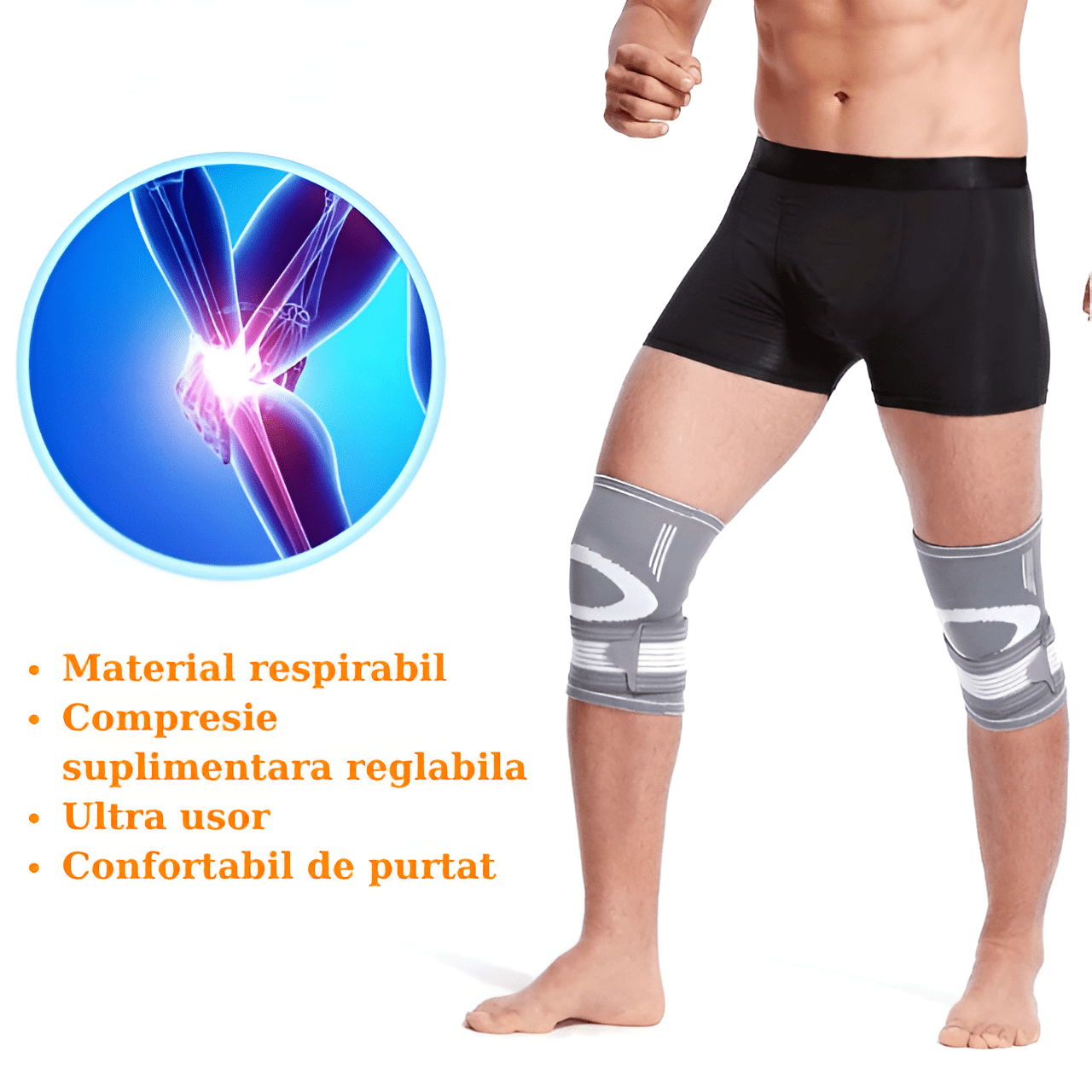 Genunchiera Ajustabila HASEPE, Banda Reglabila cu Stabilizator Medical, Compresie si Suport Genunchi, Material Respirabil, Marime Universala, Pentru Sport, Recuperare, Dureri si Leziuni, Gri/Alb - HASEPE