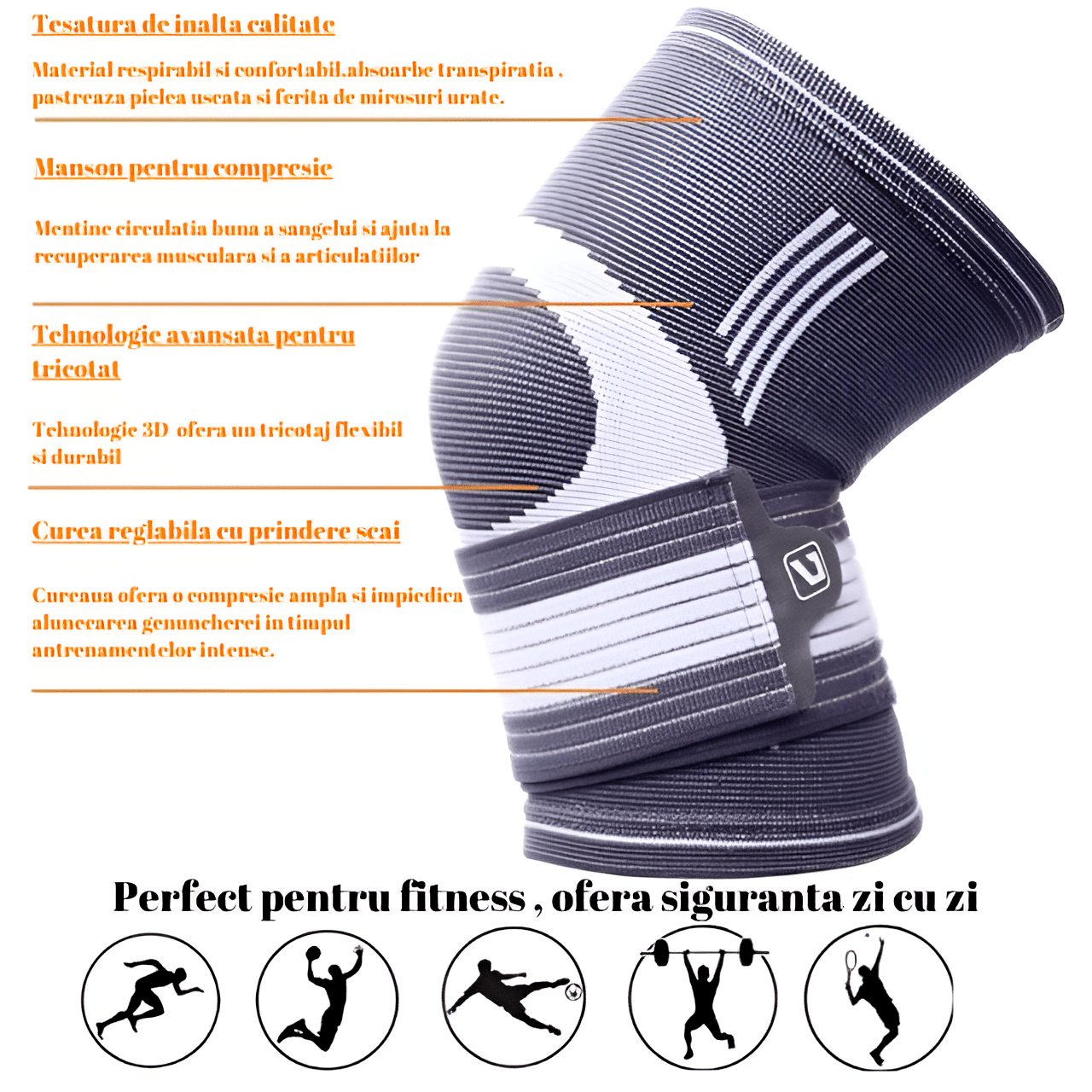 Genunchiera Ajustabila HASEPE, Banda Reglabila cu Stabilizator Medical, Compresie si Suport Genunchi, Material Respirabil, Marime Universala, Pentru Sport, Recuperare, Dureri si Leziuni, Gri/Alb - HASEPE
