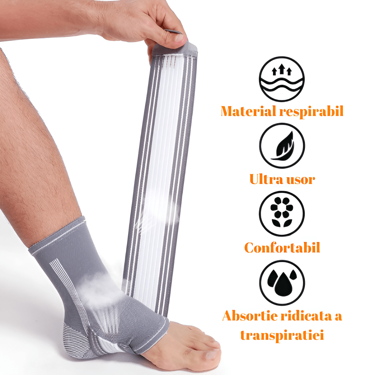 Glezniera Elastica HASEPE, Bandaj Tip Soseta cu Banda Reglabila Velcro, Compresie si Suport Glezna, Marime Universala, Unisex, Gri/Alb - HASEPE