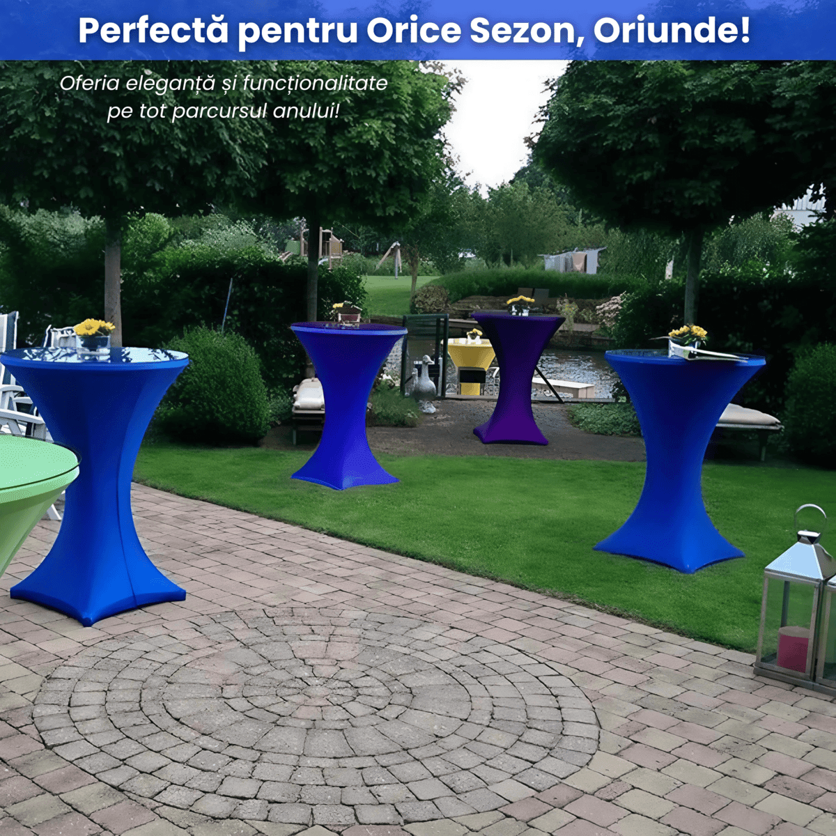 Husa Masa Cocktail HASEPE, Husa Elastica Evenimente, Fata de Masa Elastica Protectie Decor, Diametru 75 - 85 cm, Inaltime 110 - 120 cm, Albastra - HASEPE