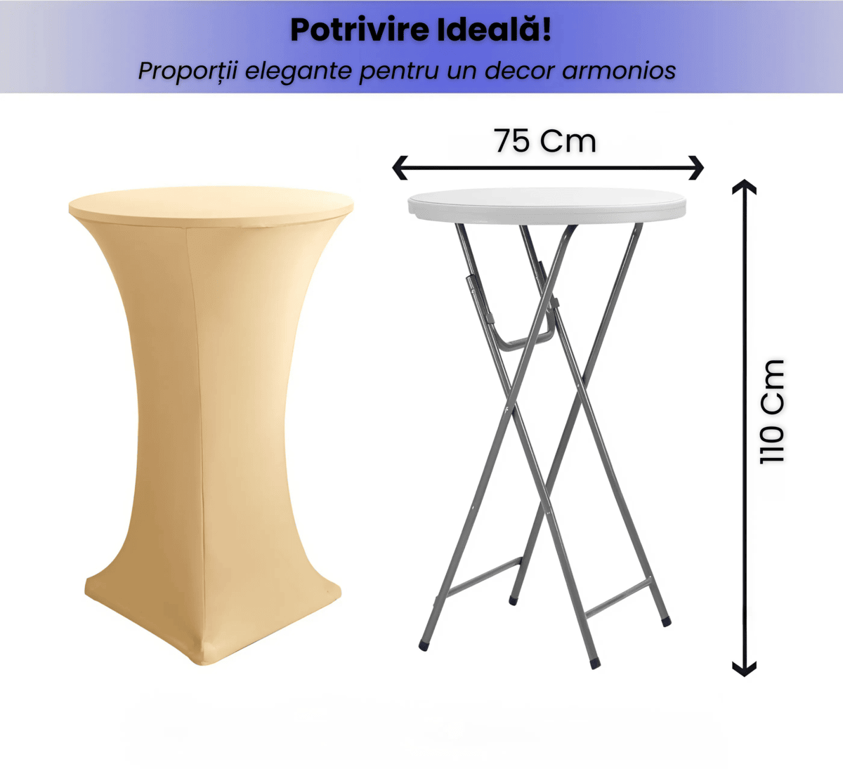 Husa Masa Cocktail HASEPE, Husa Elastica Pentru Evenimente, Fata de Masa Protectie si Decor, Diametru 75 - 85 cm, Inaltime 110 - 120 cm, Crem - HASEPE