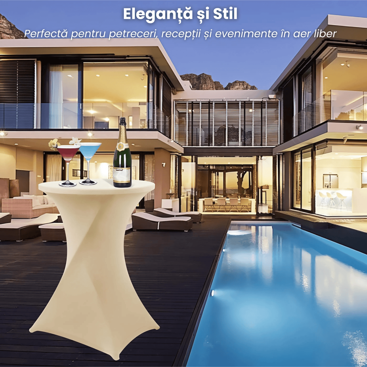 Husa Masa Cocktail HASEPE, Husa Elastica Pentru Evenimente, Fata de Masa Protectie si Decor, Diametru 75 - 85 cm, Inaltime 110 - 120 cm, Crem - HASEPE