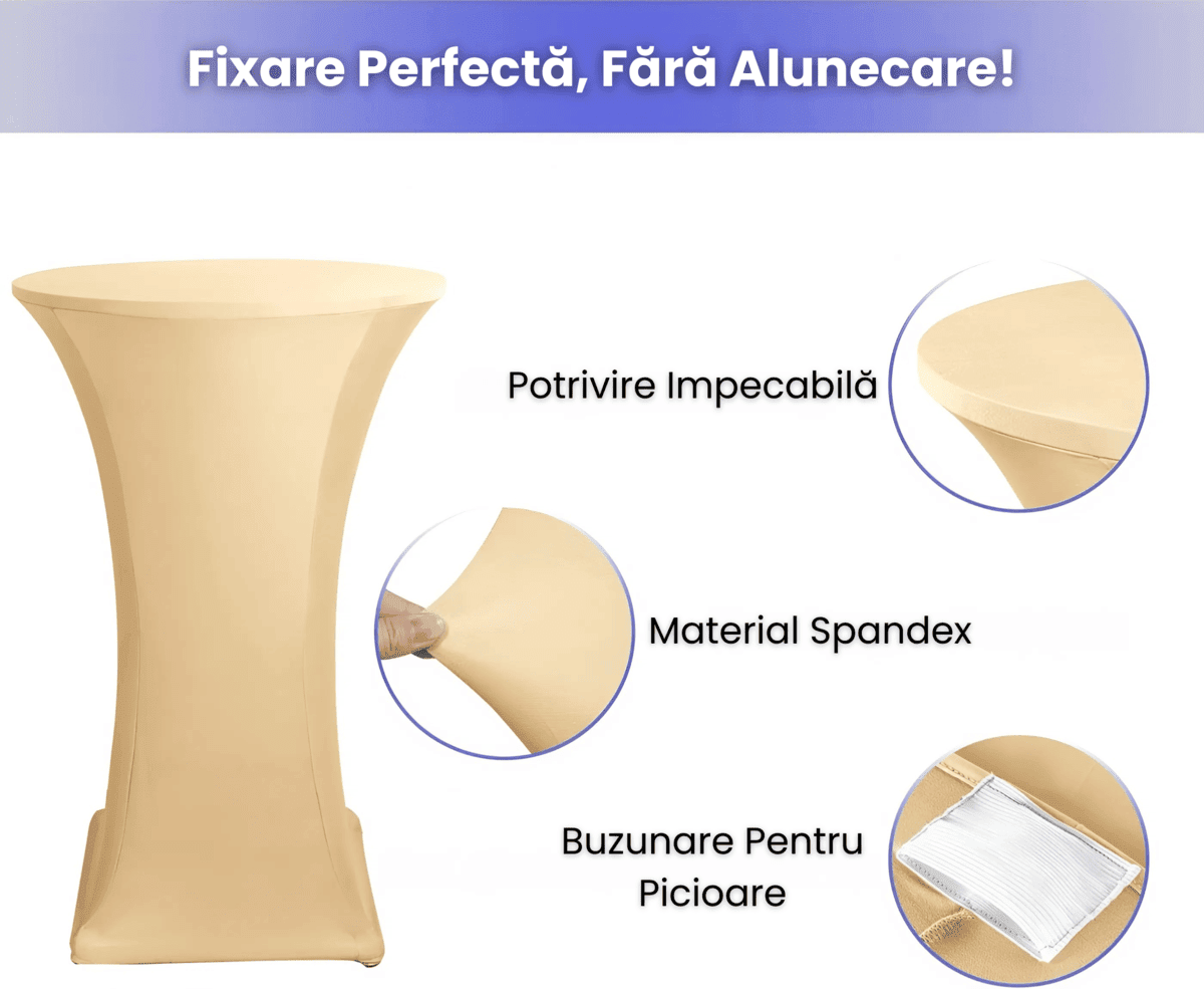 Husa Masa Cocktail HASEPE, Husa Elastica Pentru Evenimente, Fata de Masa Protectie si Decor, Diametru 75 - 85 cm, Inaltime 110 - 120 cm, Crem - HASEPE