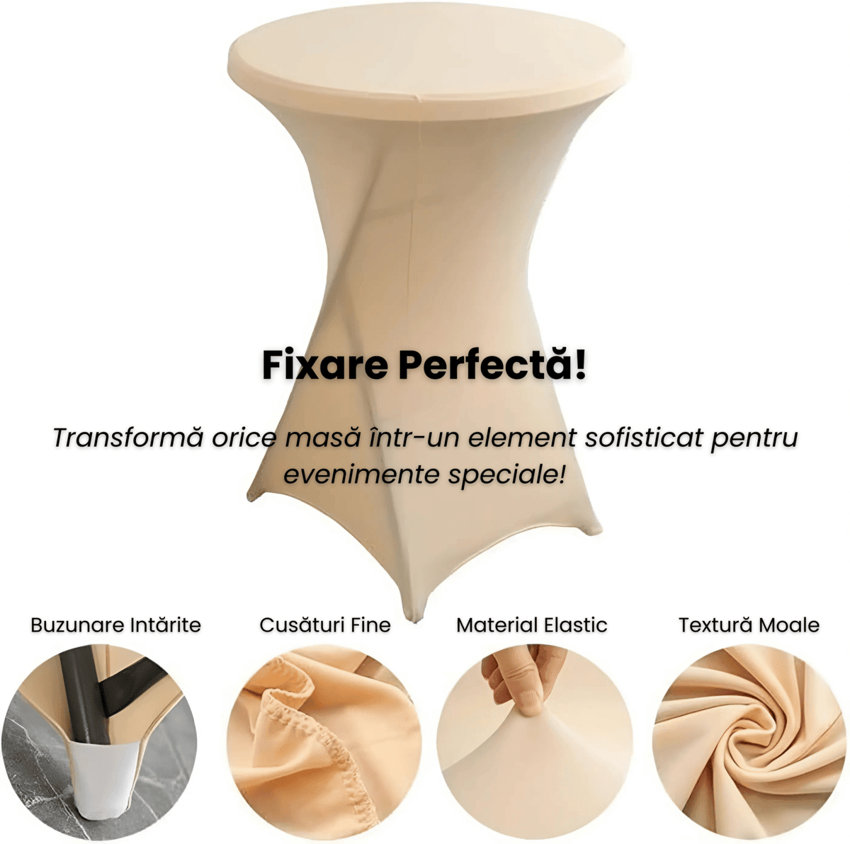 Husa Masa Cocktail HASEPE, Husa Elastica Pentru Evenimente, Fata de Masa Protectie si Decor, Diametru 75 - 85 cm, Inaltime 110 - 120 cm, Crem - HASEPE