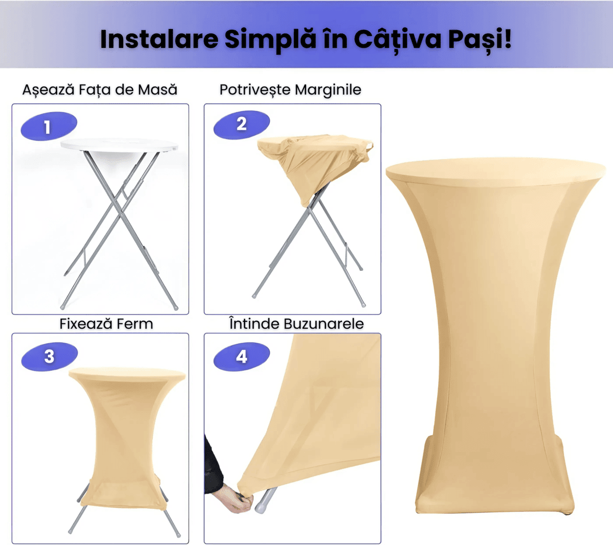Husa Masa Cocktail HASEPE, Husa Elastica Pentru Evenimente, Fata de Masa Protectie si Decor, Diametru 75 - 85 cm, Inaltime 110 - 120 cm, Crem - HASEPE