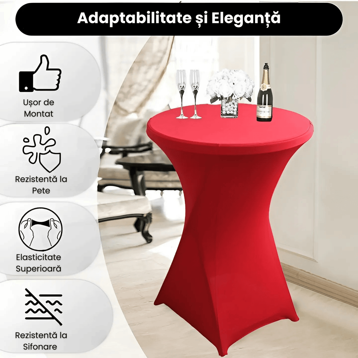 Husa Masa Cocktail HASEPE, Husa Elastica Pentru Evenimente, Fata de Masa Protectie si Decor, Diametru 75 - 85 cm, Inaltime 110 - 120 cm, Rosu - HASEPE