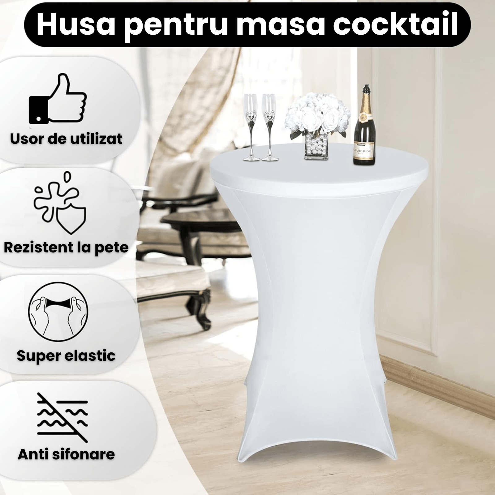 Husa Masa Cocktail HASEPE, Fata de Masa Elastica, Husa Masa Evenimente, Protectie si Decor Elegant, Diametru 75 - 85 cm, Inaltime 110 - 120 cm, Alb - HASEPE