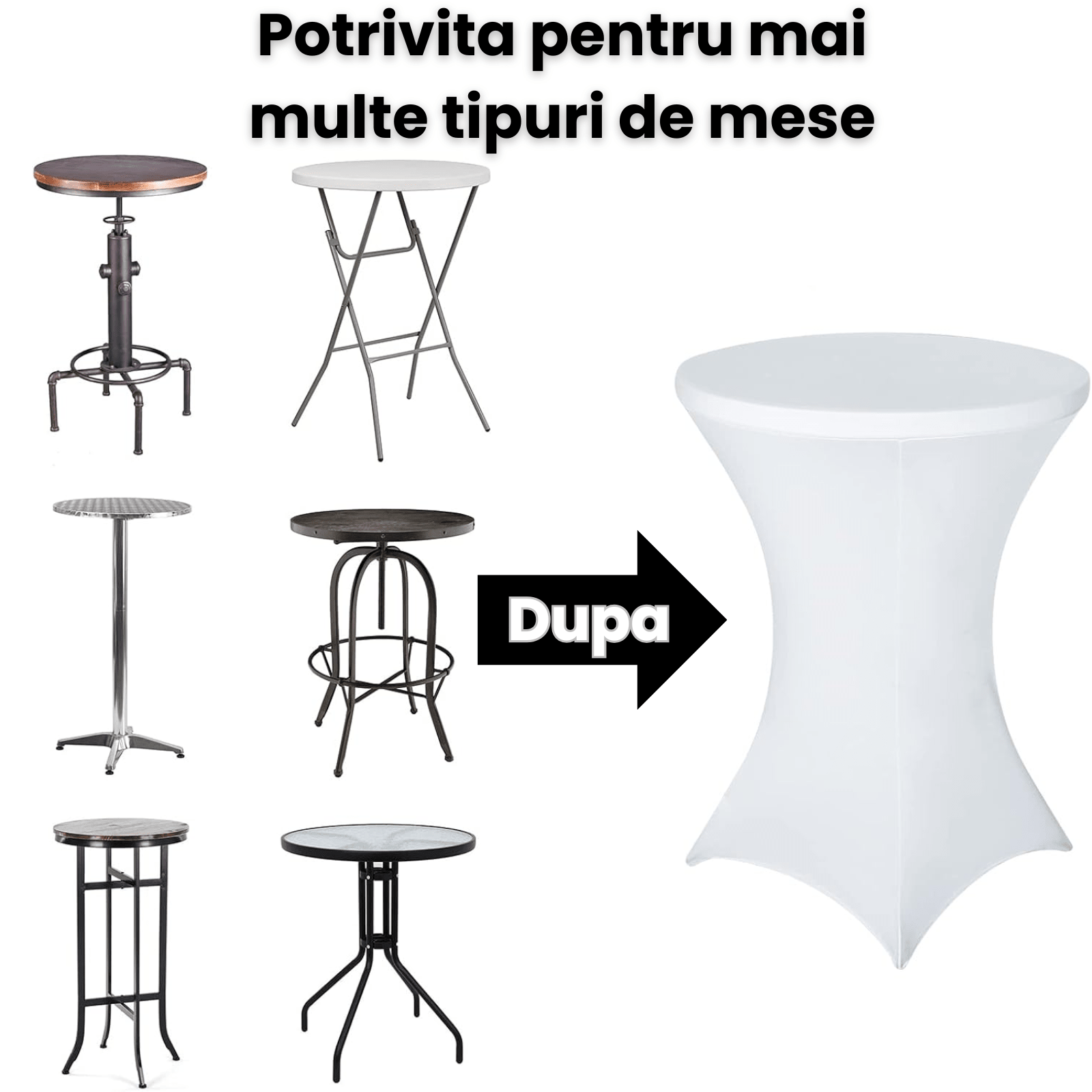 Husa Masa Cocktail HASEPE, Fata de Masa Elastica, Husa Masa Evenimente, Protectie si Decor Elegant, Diametru 75 - 85 cm, Inaltime 110 - 120 cm, Alb - HASEPE