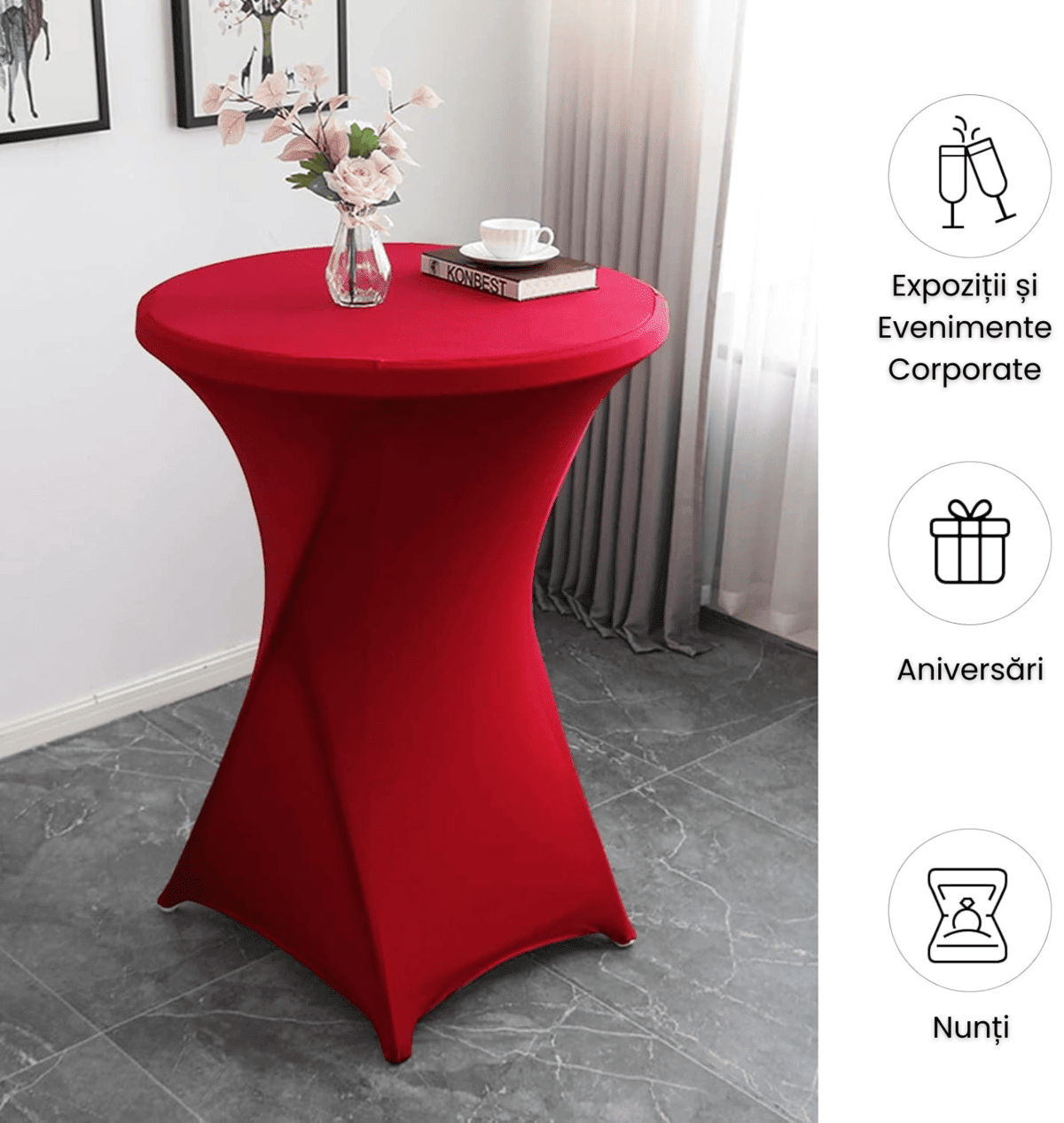 Husa Masa Cocktail HASEPE, Husa Elastica Pentru Evenimente, Fata de Masa Protectie si Decor, Diametru 75 - 85 cm, Inaltime 110 - 120 cm, Rosu - HASEPE