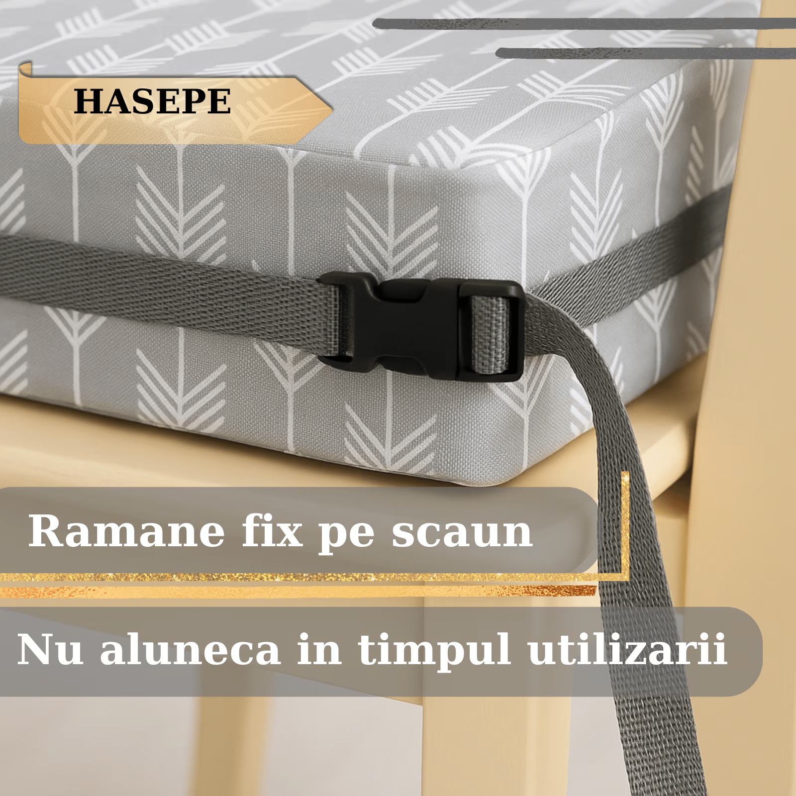 Inaltator pentru scaun copii HASEPE, perna confortabila, Inaltator pentru masa, curele reglabile, husa detasabila, 32x32x8 cm, Gri/alb - HASEPE