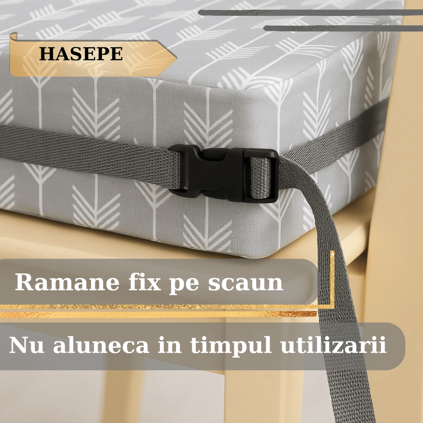 Inaltator pentru scaun copii HASEPE, perna confortabila, Inaltator pentru masa, curele reglabile, husa detasabila, 32x32x8 cm, Gri/alb - HASEPE