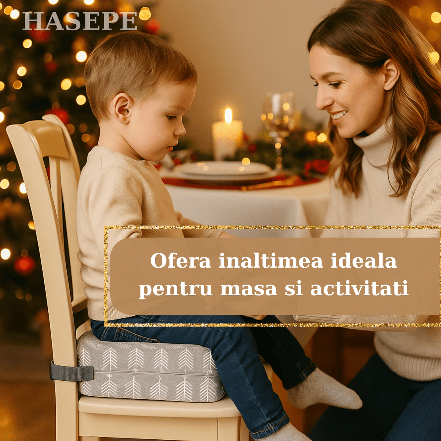Inaltator pentru scaun copii HASEPE, perna confortabila, Inaltator pentru masa, curele reglabile, husa detasabila, 32x32x8 cm, Gri/alb - HASEPE