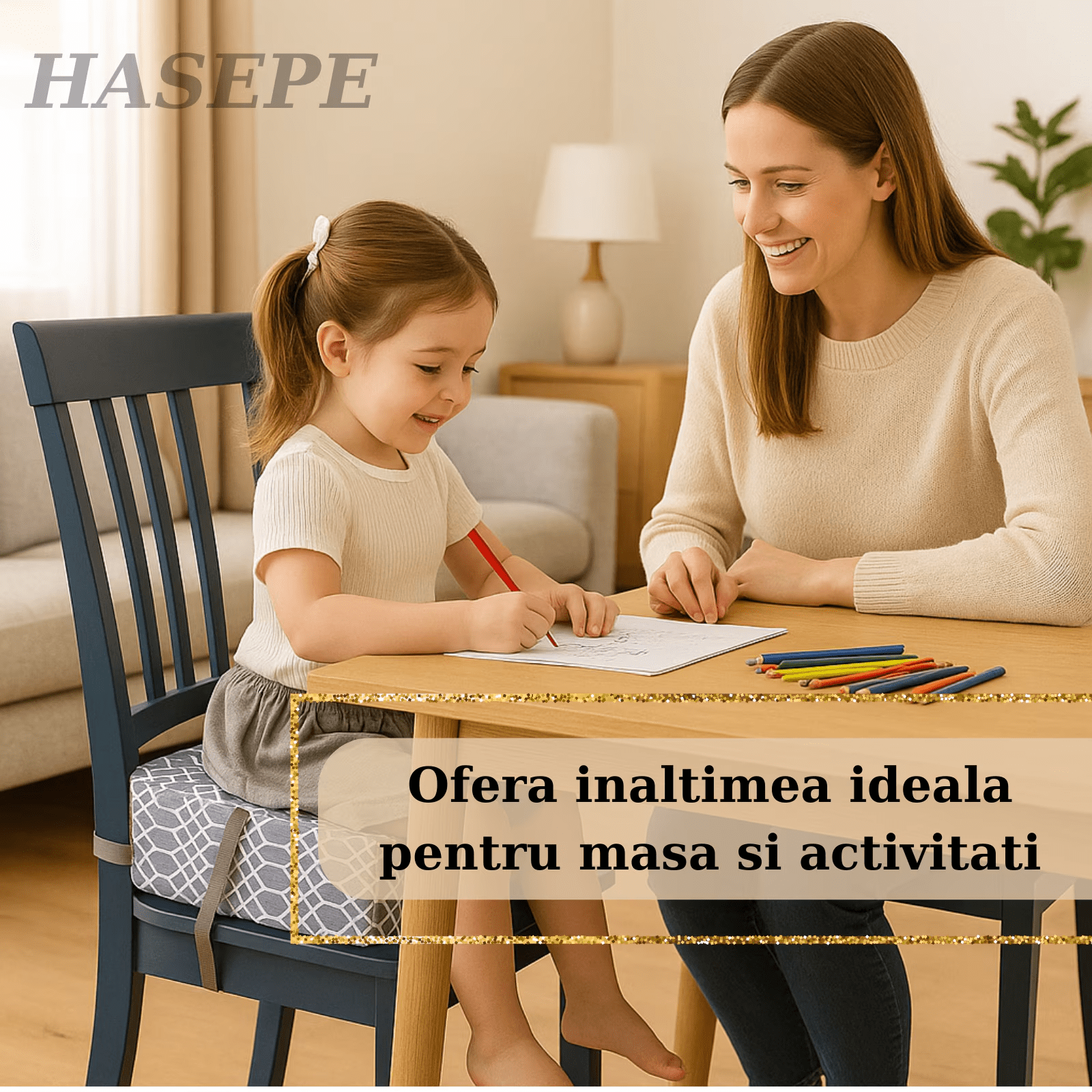 Inaltator pentru scaun copii HASEPE, perna confortabila, Inaltator pentru masa, curele reglabile, husa detasabila, 32x32x8 cm, Gri/alb - HASEPE