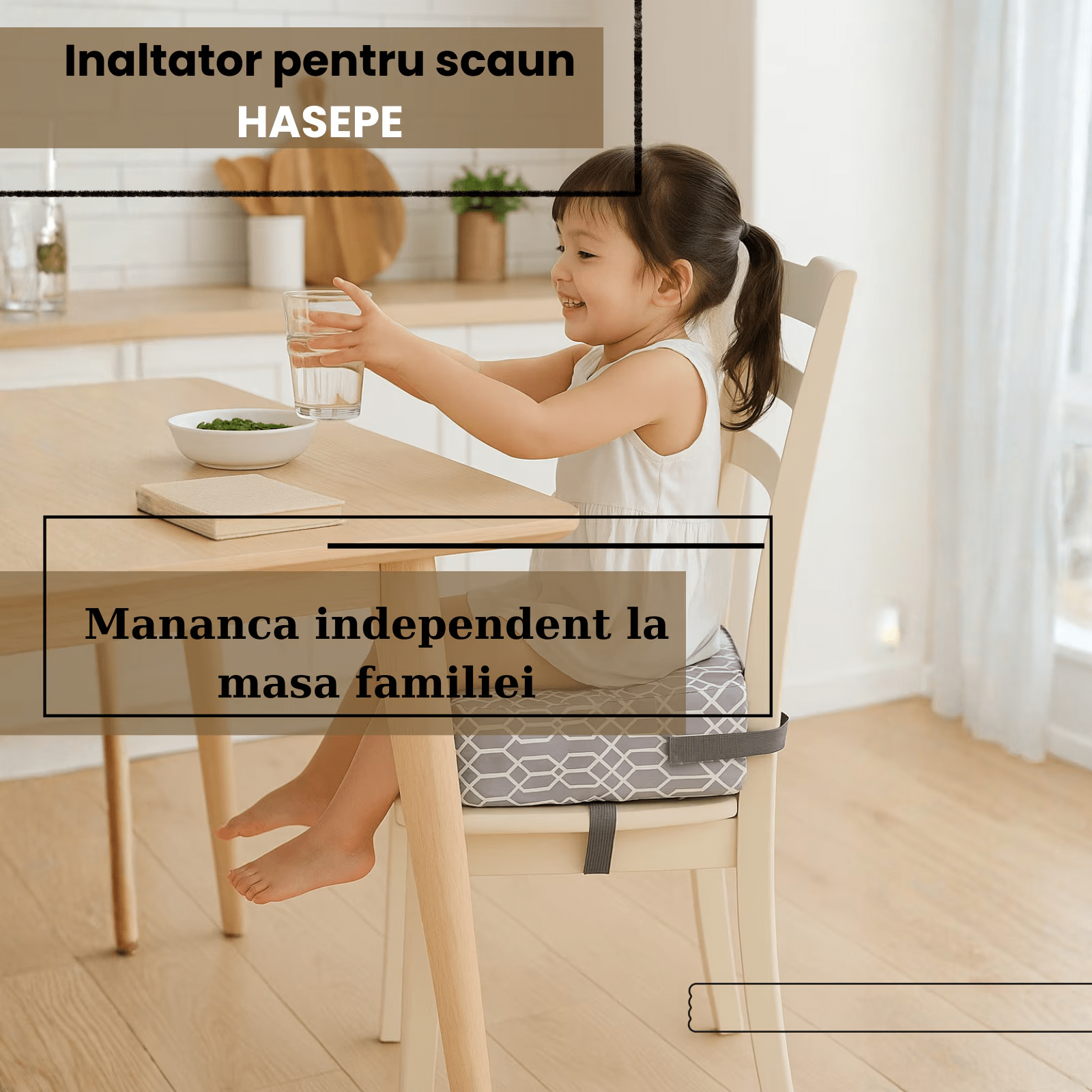 Inaltator pentru scaun copii HASEPE, perna confortabila, Inaltator pentru masa, curele reglabile, husa detasabila, 32x32x8 cm, Gri/alb - HASEPE