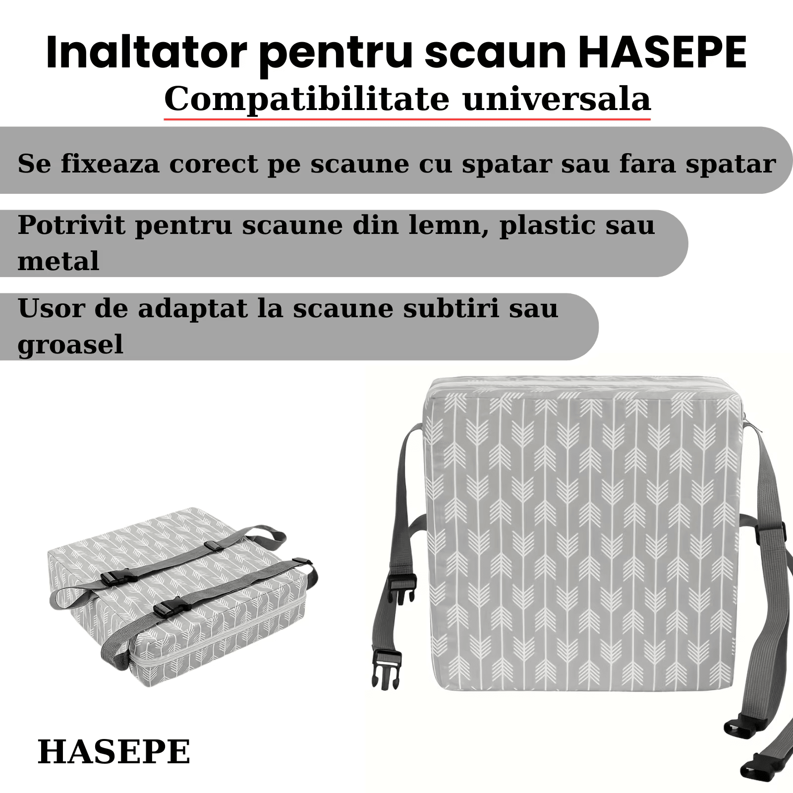 Inaltator pentru scaun copii HASEPE, perna confortabila, Inaltator pentru masa, curele reglabile, husa detasabila, 32x32x8 cm, Gri/alb - HASEPE