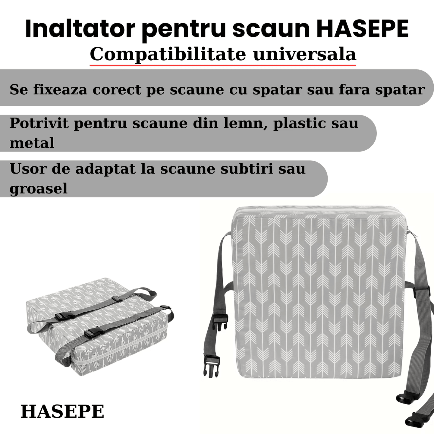 Inaltator pentru scaun copii HASEPE, perna confortabila, Inaltator pentru masa, curele reglabile, husa detasabila, 32x32x8 cm, Gri/alb - HASEPE