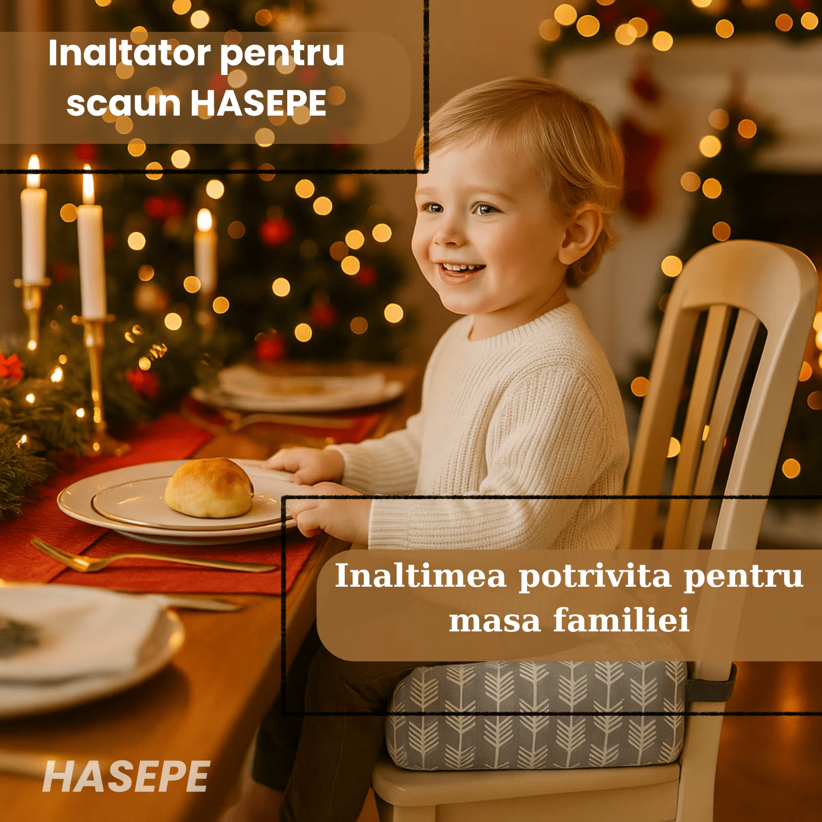 Inaltator pentru scaun copii HASEPE, perna confortabila, Inaltator pentru masa, curele reglabile, husa detasabila, 32x32x8 cm, Gri/alb - HASEPE