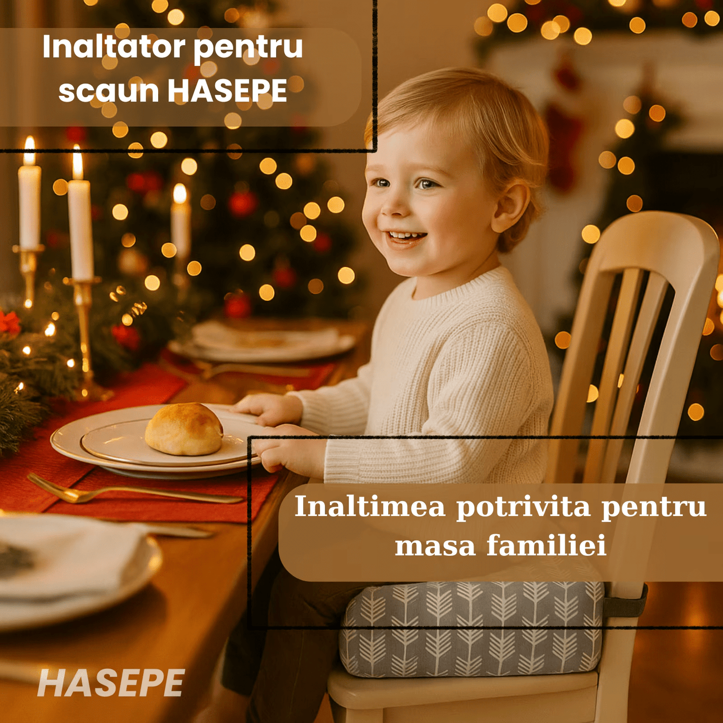 Inaltator pentru scaun copii HASEPE, perna confortabila, Inaltator pentru masa, curele reglabile, husa detasabila, 32x32x8 cm, Gri/alb - HASEPE