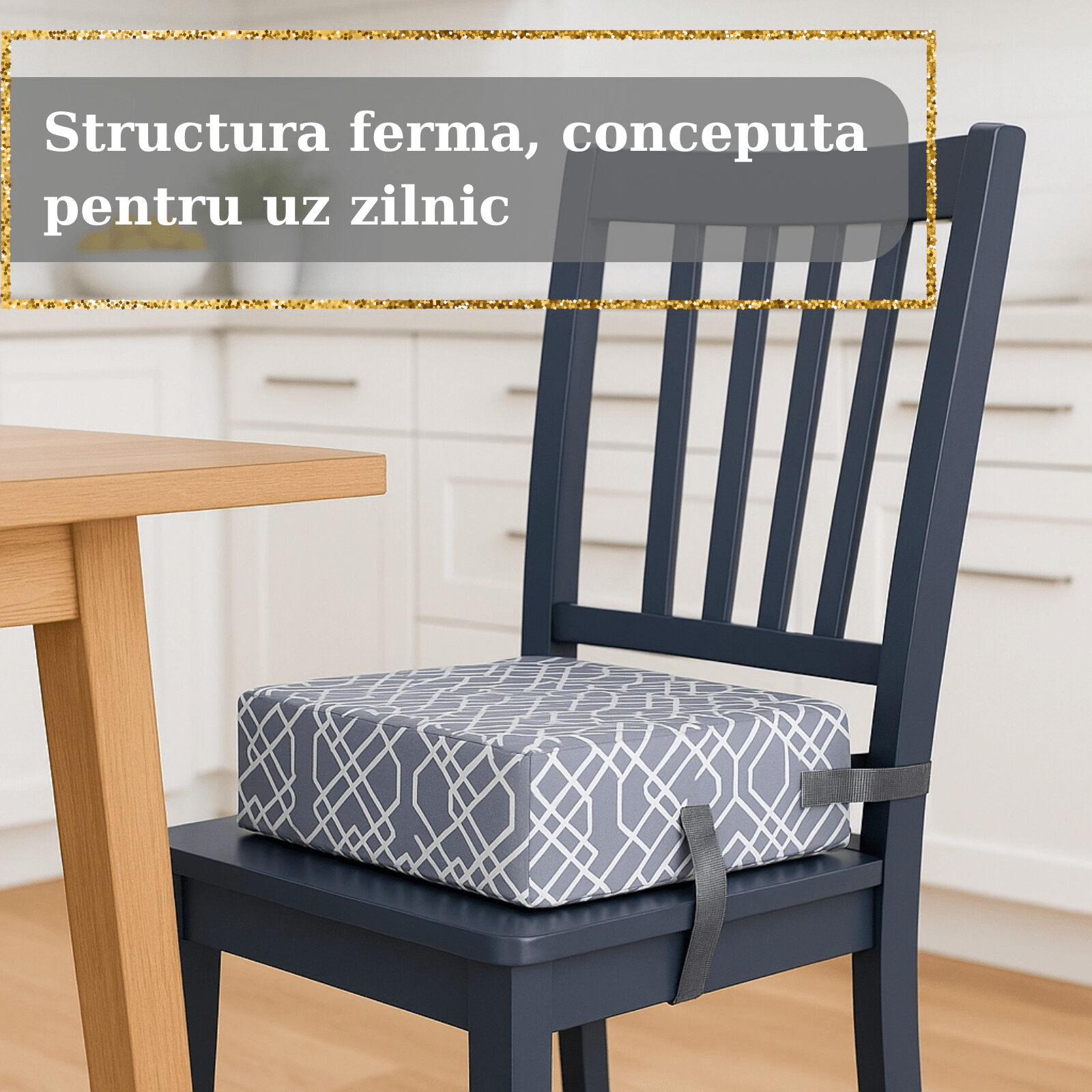 Inaltator pentru scaun copii HASEPE, perna confortabila, Inaltator pentru masa, curele reglabile, husa detasabila, 32x32x8 cm, Gri/alb - HASEPE