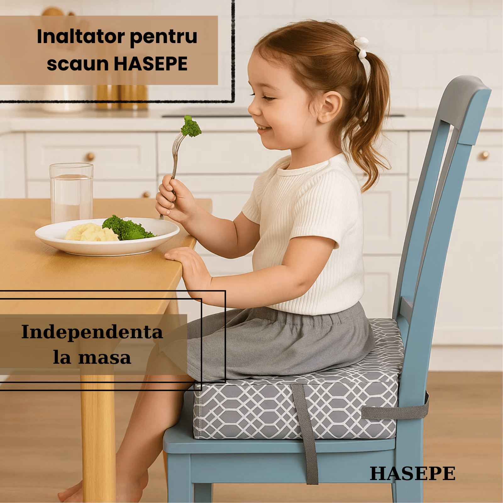 Inaltator pentru scaun copii HASEPE, perna confortabila, Inaltator pentru masa, curele reglabile, husa detasabila, 32x32x8 cm, Gri/alb - HASEPE