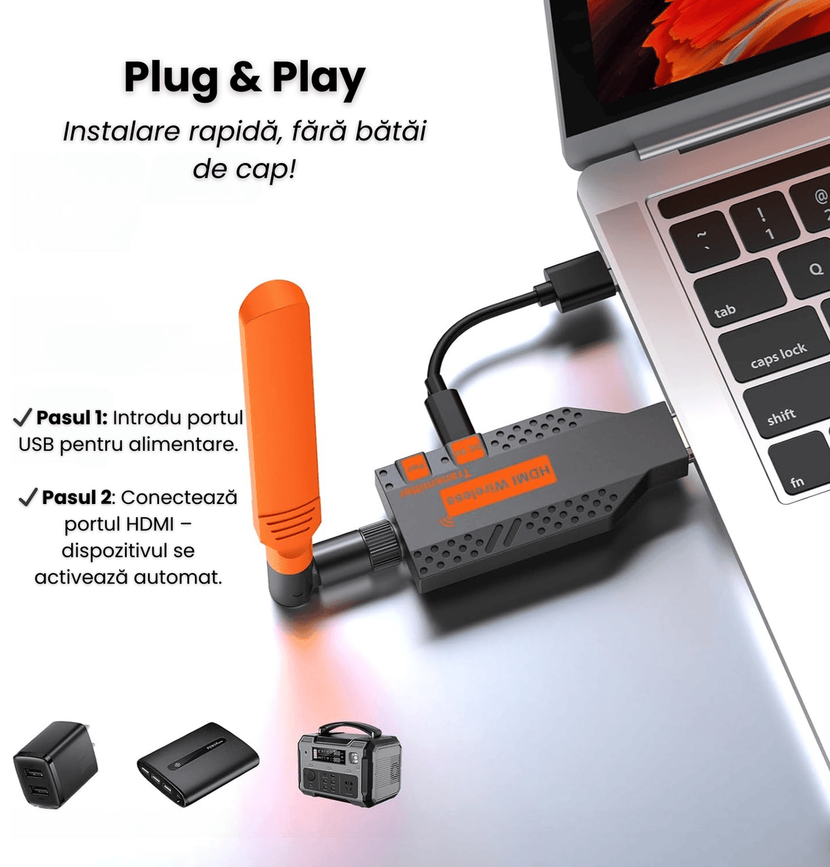 Kit Extensie HDMI Wireless 150m HASEPE, Transmițător și Receptor Full HD 1080p, Plug & Play, Dual Band 2.4G/5G, Alimentare USB 5V, Compatibil Laptop, TV, Monitor, Proiector - HASEPE
