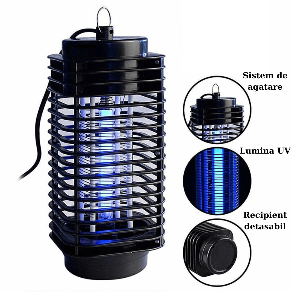 Lampa UV Anti Insecte HASEPE, Aparat Anti Tantari, Muste si Musculite, Capcana Electrica Silentioasa cu Radiatie 360°, Consum Redus, Interior Exterior, Negru, 11x25 cm - HASEPE
