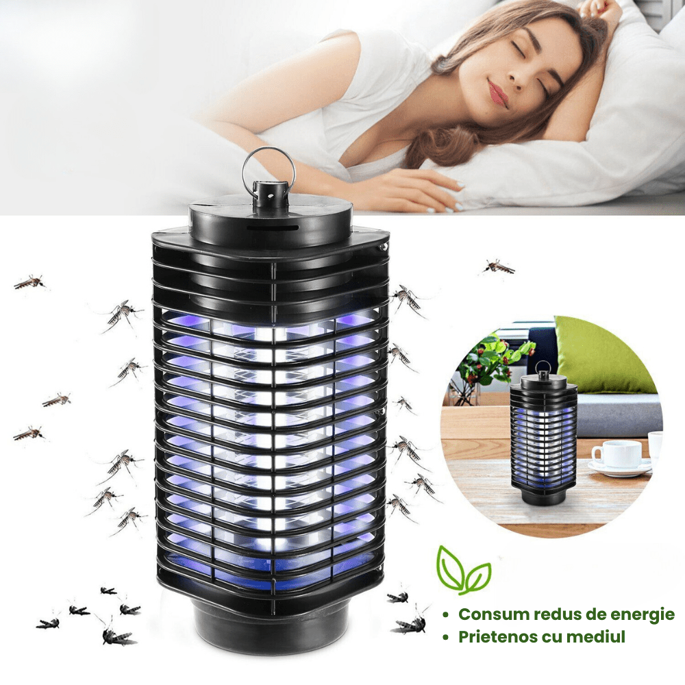 Lampa UV Anti Insecte HASEPE, Aparat Anti Tantari, Muste si Musculite, Capcana Electrica Silentioasa cu Radiatie 360°, Consum Redus, Interior Exterior, Negru, 11x25 cm - HASEPE