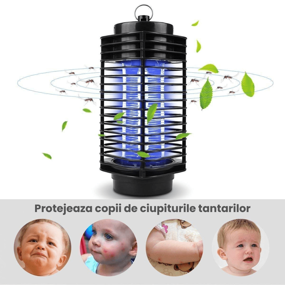 Lampa UV Anti Insecte HASEPE, Aparat Anti Tantari, Muste si Musculite, Capcana Electrica Silentioasa cu Radiatie 360°, Consum Redus, Interior Exterior, Negru, 11x25 cm - HASEPE